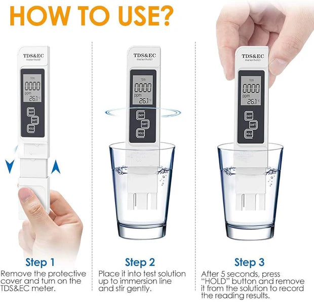 Digital TDS & EC Meter – 3-in-1 Water Quality Tester, Purity Checker & Temperature Gauge